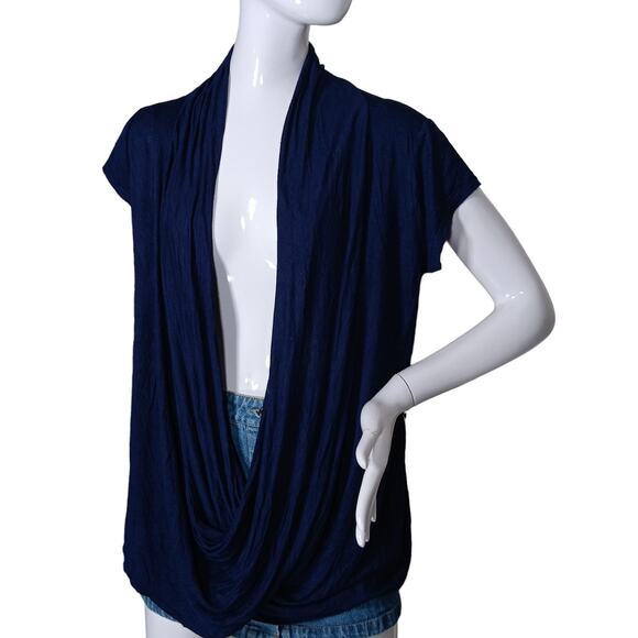 Free To Live Overlap Draped Cardigan Size Medium Navy Blue Short Sleeve - Picture 1 of 7